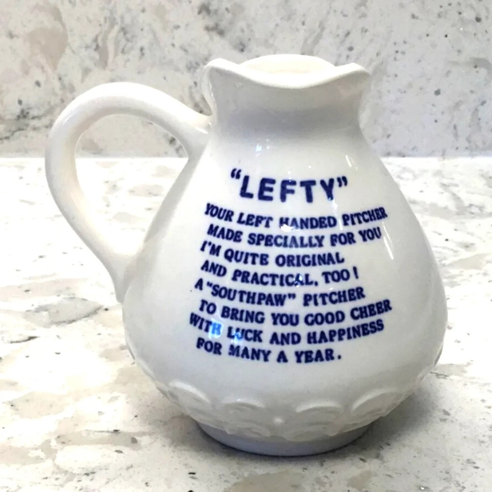 Vintage "LEFTY" Blue Floral Design 8 ounce Ceramic Pitcher 4"x4" - Picture 2 of 7